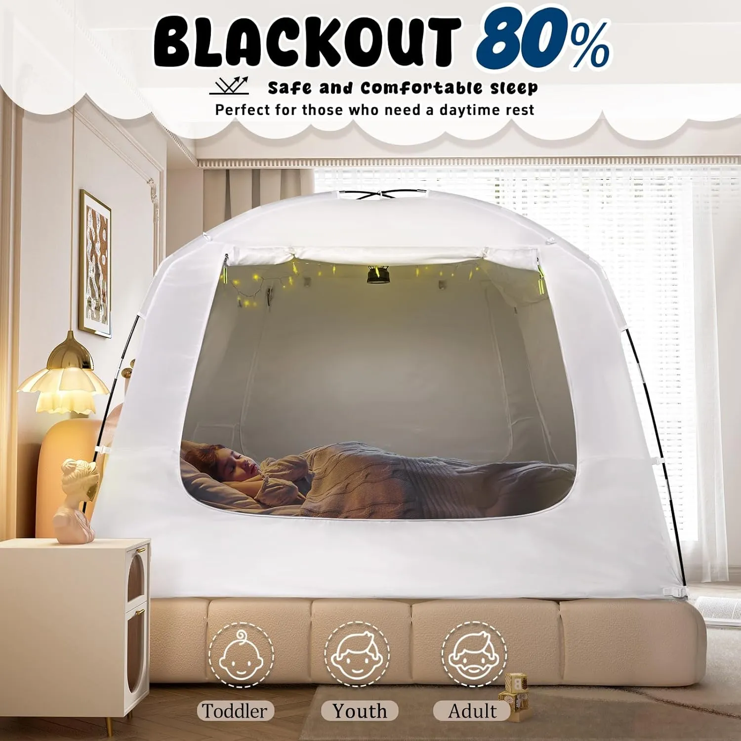 Bed Tent Bed Canopy Full Size for Kid and Adults 100% Breathable Tents 4 Doors 80% Blackout - Indoor Portable Sleeping Tents Privacy Large Space with String Light
