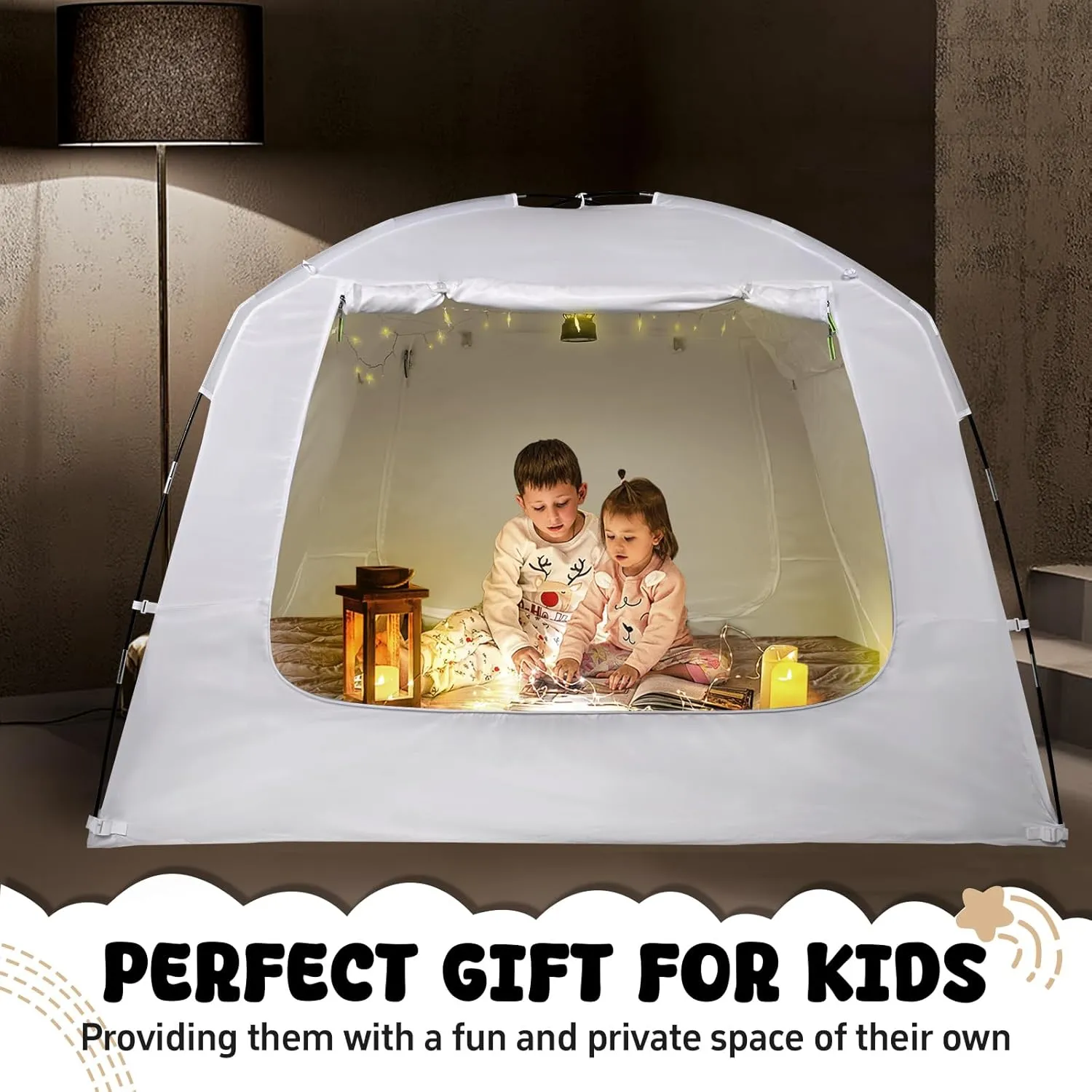 Bed Tent Bed Canopy Full Size for Kid and Adults 100% Breathable Tents 4 Doors 80% Blackout - Indoor Portable Sleeping Tents Privacy Large Space with String Light