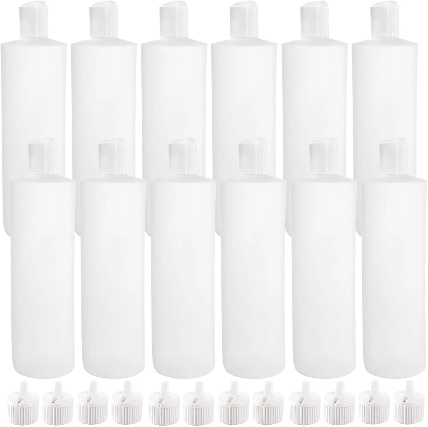 Bekith 12 Pack 16oz Plastic Squeeze Bottle with 24 Caps in 2 Styles, Refillable Plastic Bottles for Shampoo, Lotions, Liquid Body Wash, Sauce, BPA Free
