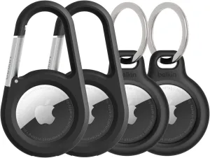 Belkin Apple AirTag Secure Holder w/Key Ring   Carabiner - Scratch-Resistant Case with Open Face & Raised Edges - Protective AirTag Keychain Accessory for Keys, Pets, Luggage, & More - Black (4-Pack)