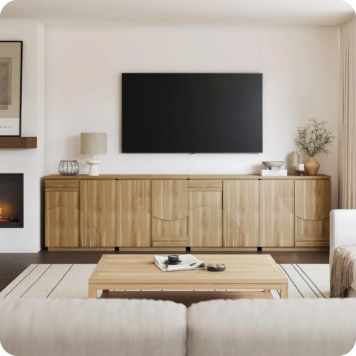 BELLEZE 94 Inch Mid Century Modern Sideboard Cabinet, Wood Arched Accent Buffet Cabinet with Storage, Credenza Console Table for Dining Room, Kitchen, and Living Room Hallway (Camel)