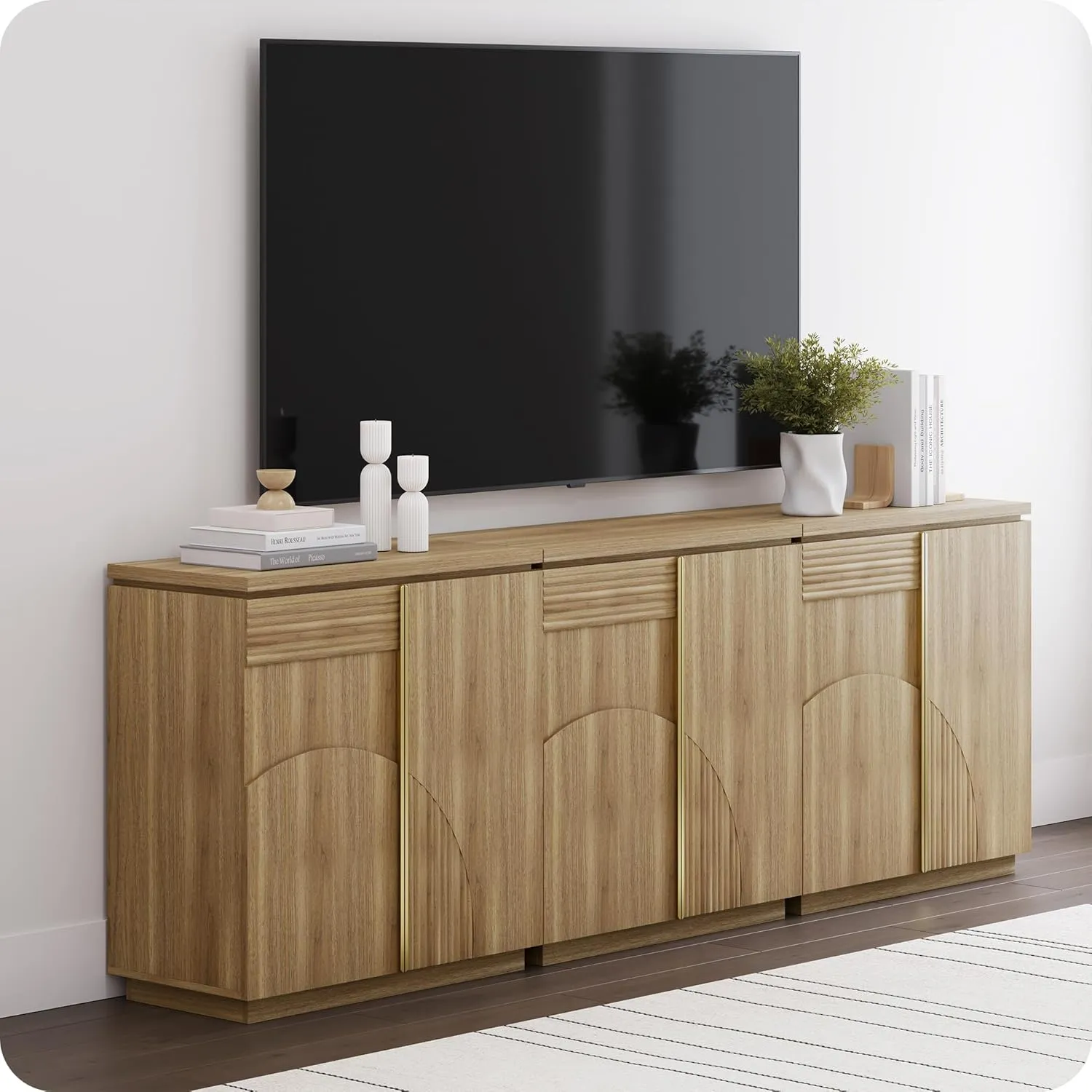 BELLEZE 94 Inch Mid Century Modern Sideboard Cabinet, Wood Arched Accent Buffet Cabinet with Storage, Credenza Console Table for Dining Room, Kitchen, and Living Room Hallway (Camel)