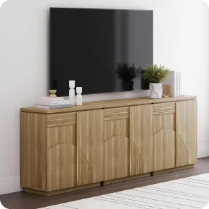 BELLEZE 94 Inch Mid Century Modern Sideboard Cabinet, Wood Arched Accent Buffet Cabinet with Storage, Credenza Console Table for Dining Room, Kitchen, and Living Room Hallway (Camel)