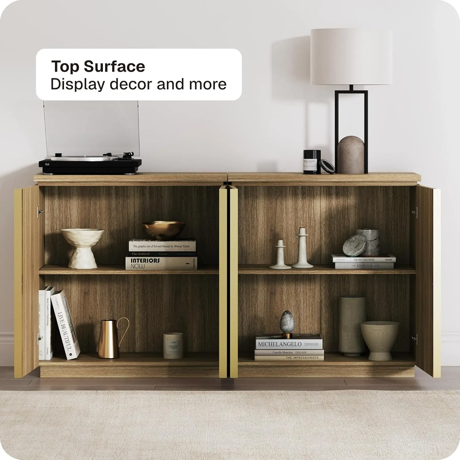 BELLEZE 94 Inch Mid Century Modern Sideboard Cabinet, Wood Arched Accent Buffet Cabinet with Storage, Credenza Console Table for Dining Room, Kitchen, and Living Room Hallway (Camel)