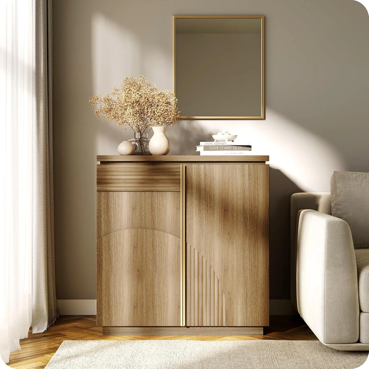BELLEZE 94 Inch Mid Century Modern Sideboard Cabinet, Wood Arched Accent Buffet Cabinet with Storage, Credenza Console Table for Dining Room, Kitchen, and Living Room Hallway (Camel)