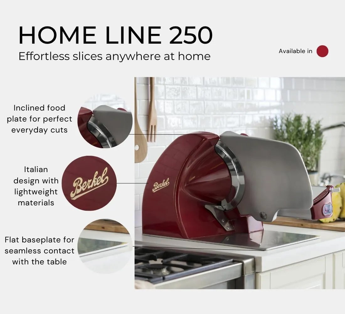 Berkel Home Line 250 Food Slicer - Red | 10" Blade | Compact Meat Slicer for Prosciutto, Cold Cuts, Cheese, Fruits and Veggies | Stylish Kitchen Appliance for Home | Italian Heritage Since 1898