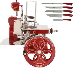 Berkel Volano B114 Premium Food Slicer | Includes 5-pc Knife Set | Luxury Slices of Prosciutto, Cheese, Fruits and more | Pedestal not included | Made in Italy (Red)