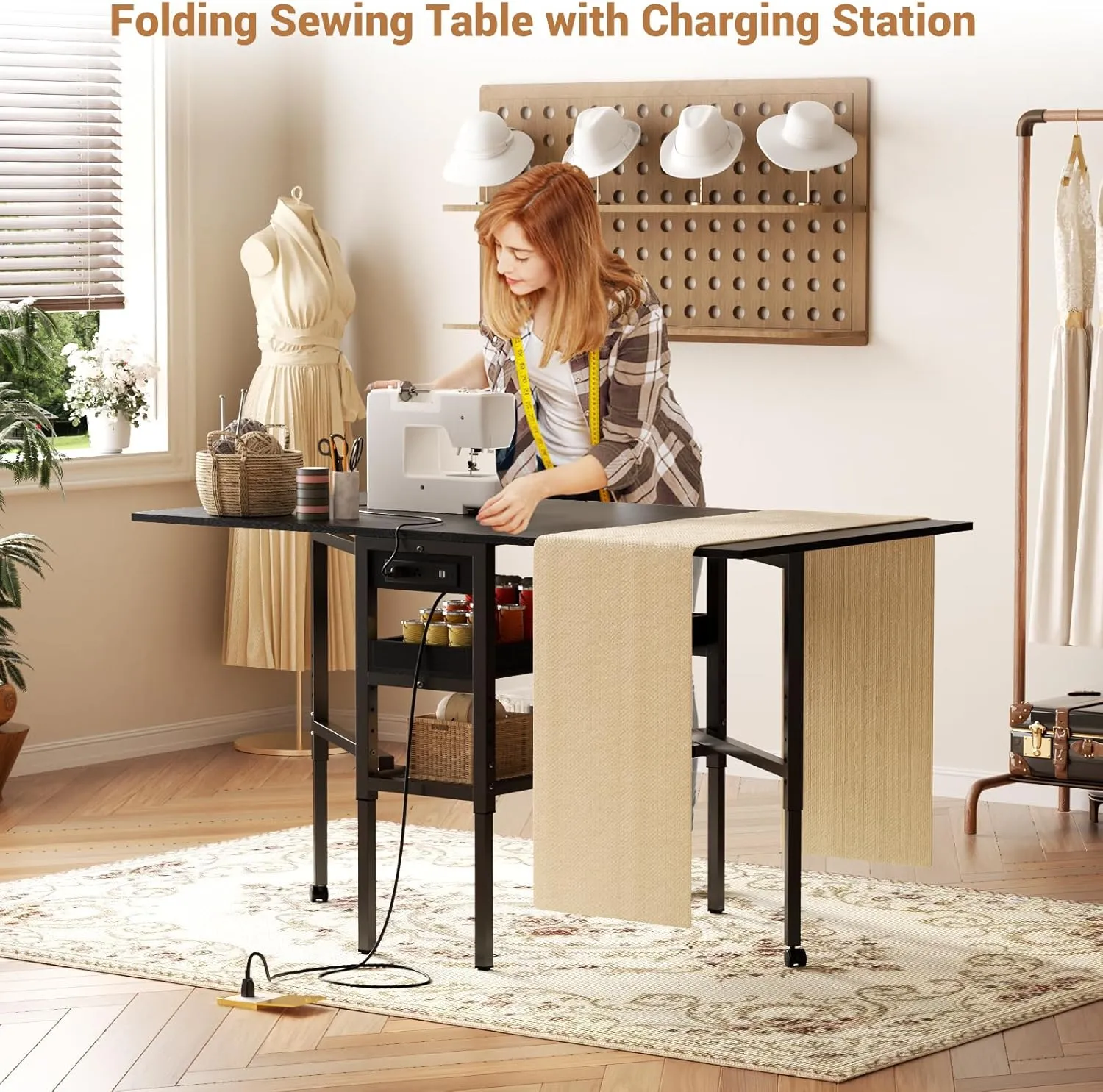 Besiost Folding Sewing Cutting Table with Charging Station, Height Adjustable Craft Table with Storage, 50" Foldable Fabric Cutting Tables for Sewing Room Craft Room, Black