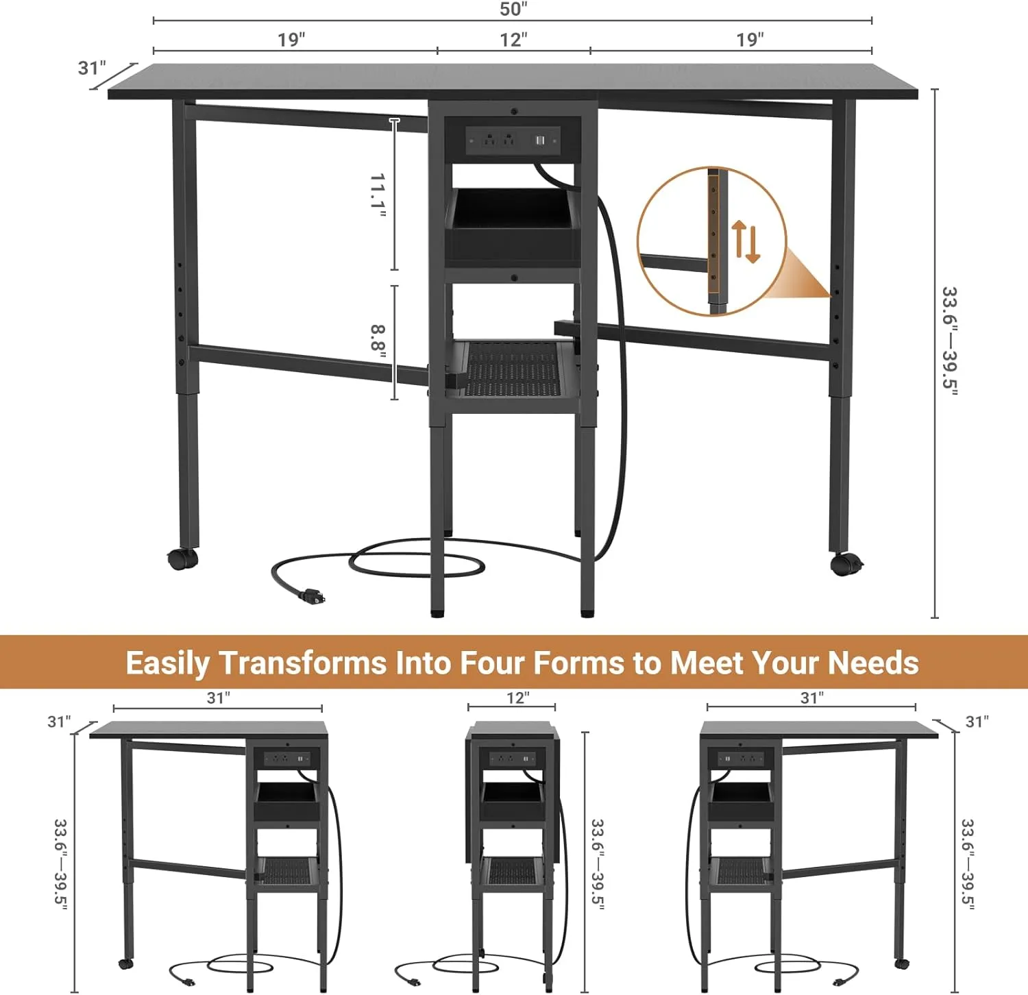 Besiost Folding Sewing Cutting Table with Charging Station, Height Adjustable Craft Table with Storage, 50" Foldable Fabric Cutting Tables for Sewing Room Craft Room, Black