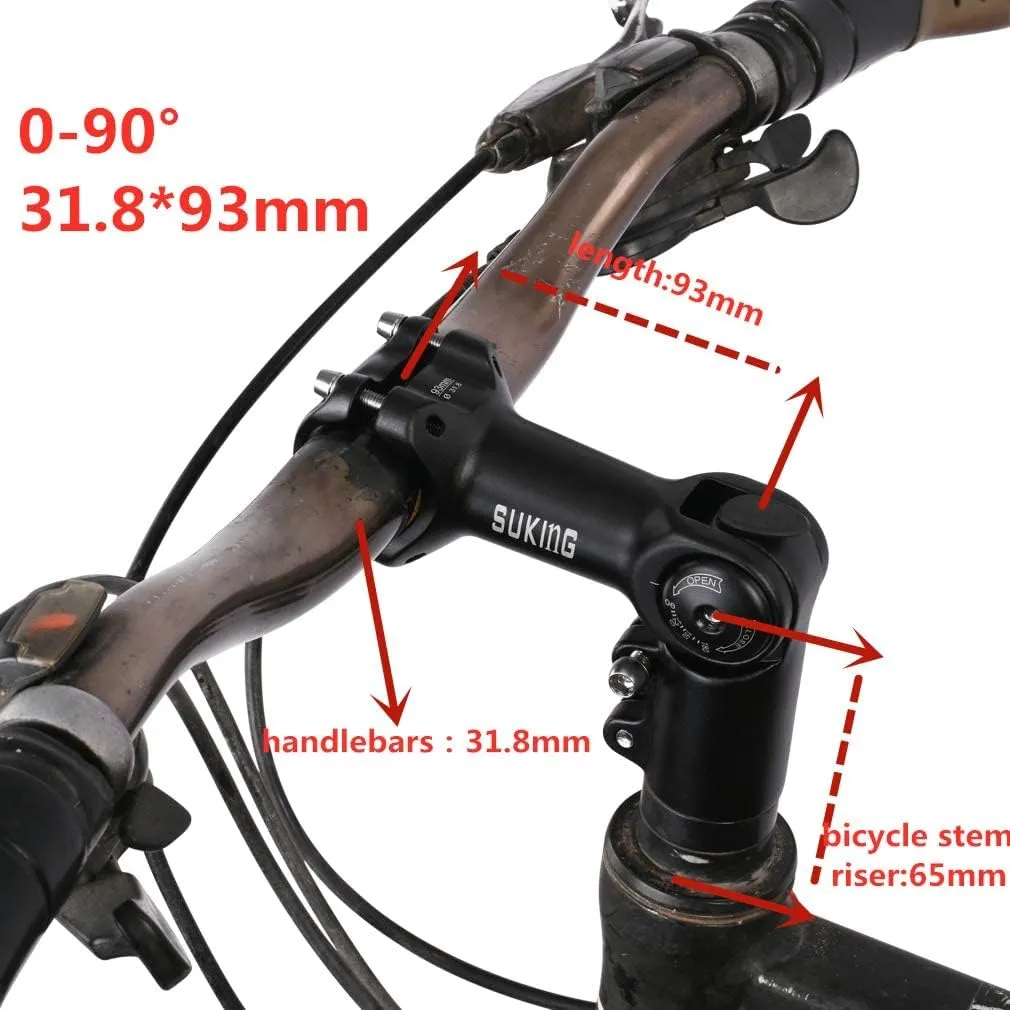 BESNIN Adjustable Bike Stem 0-90 Degree 31.8mm or 25.4mm，60mm or 90mm or 93mm or 100mm, Adjustable MTB Stem Black or Red Mountain Bike Handlebar Stem for Bicycle, Road Bike, MTB