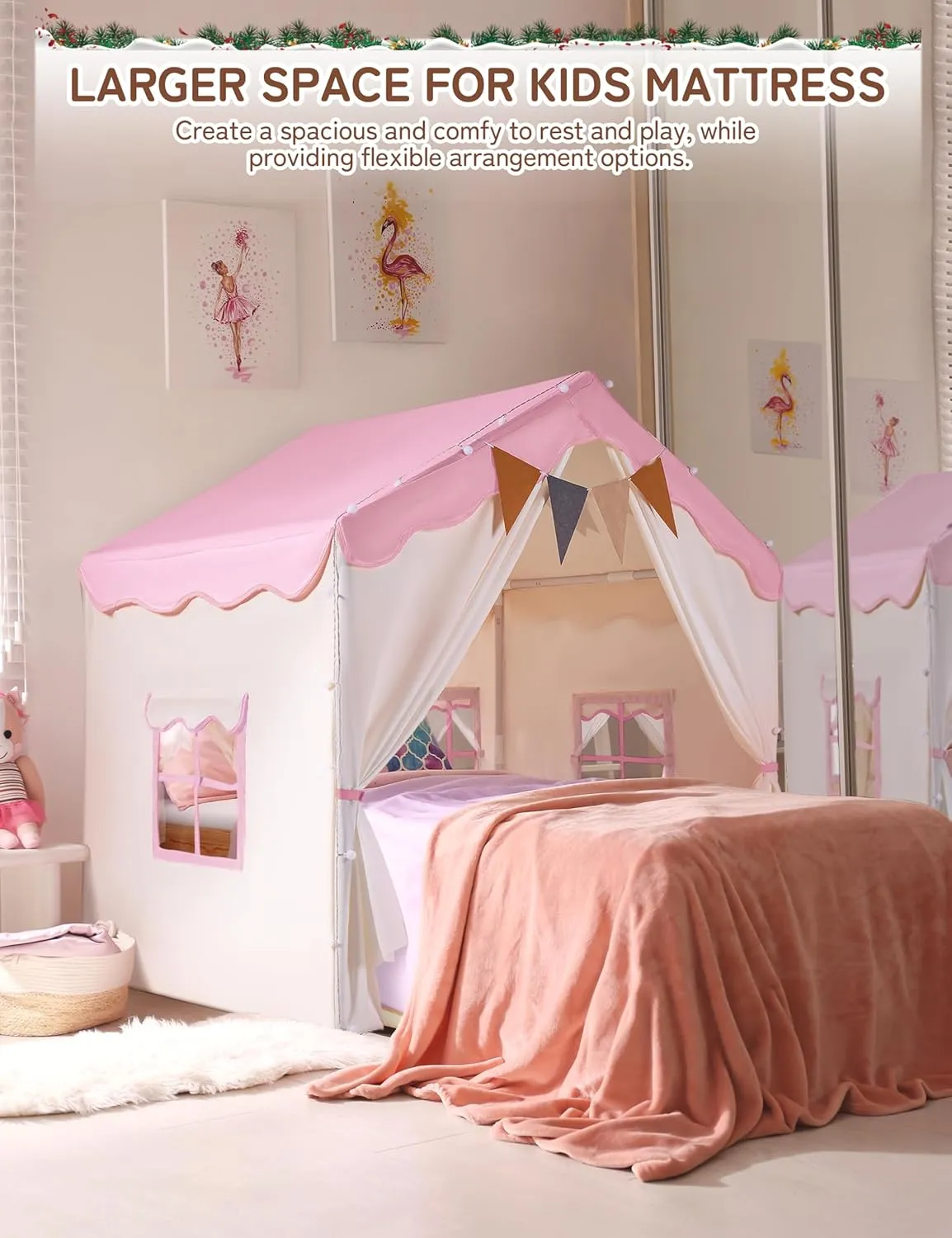 Besrey Kids Playhouse 2 in 1 With Padded Mat and Lights - Large Tent With 2 Doors & 4 Windows for Indoor & Outdoor Use - Christmas Toddler Gift, 51" x 35" x 51"