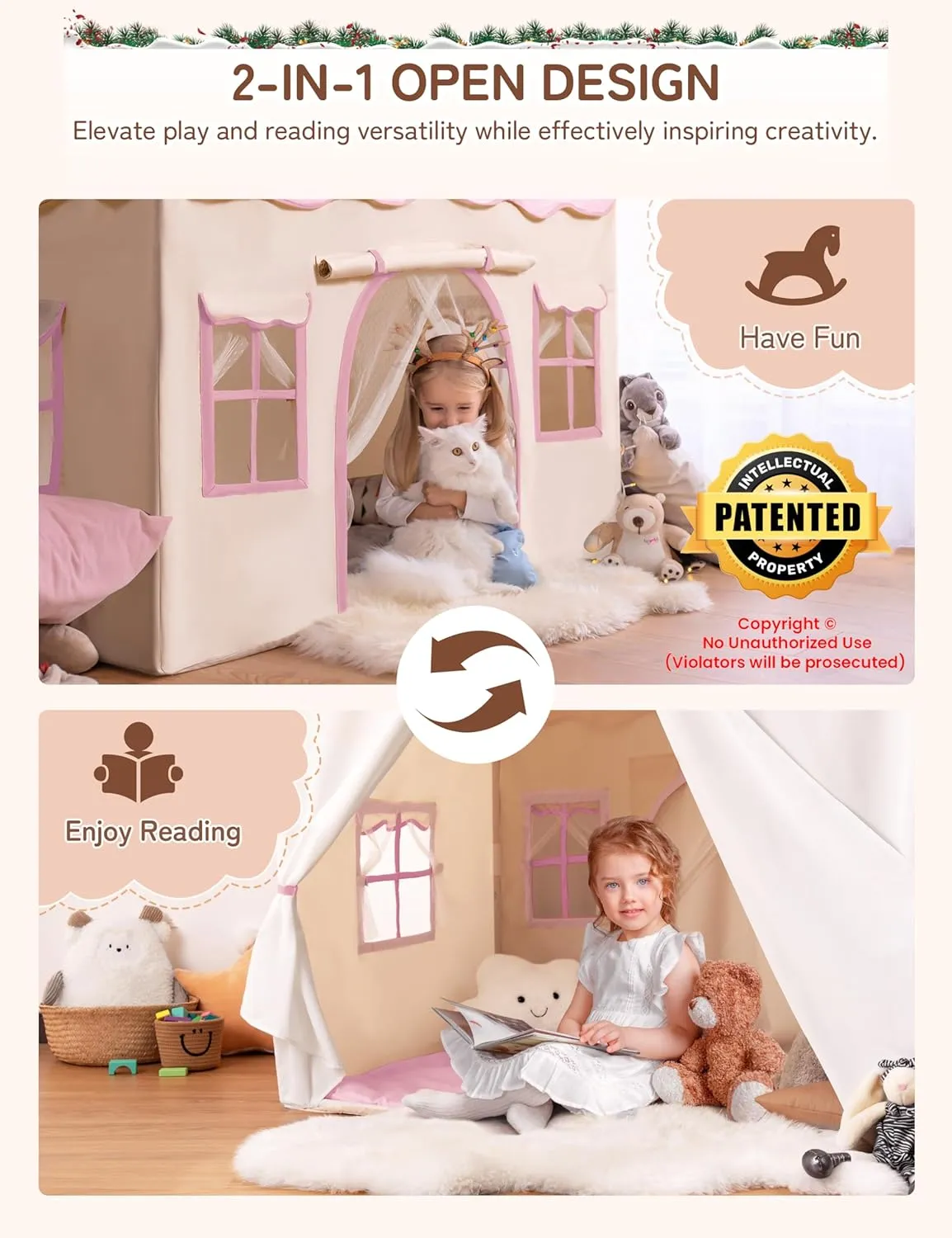 Besrey Kids Playhouse 2 in 1 With Padded Mat and Lights - Large Tent With 2 Doors & 4 Windows for Indoor & Outdoor Use - Christmas Toddler Gift, 51" x 35" x 51"