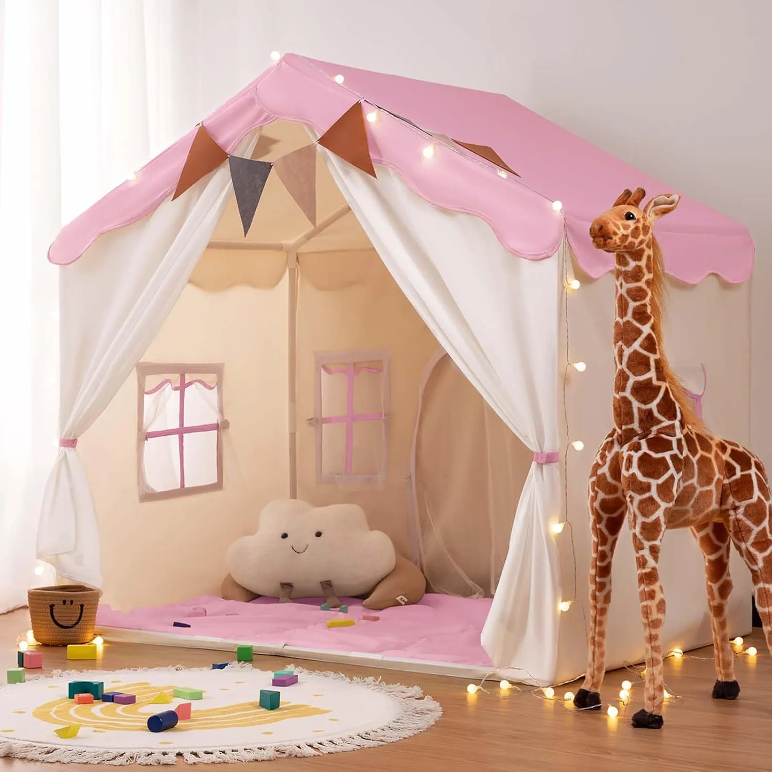 Besrey Kids Playhouse 2 in 1 With Padded Mat and Lights - Large Tent With 2 Doors & 4 Windows for Indoor & Outdoor Use - Christmas Toddler Gift, 51" x 35" x 51"