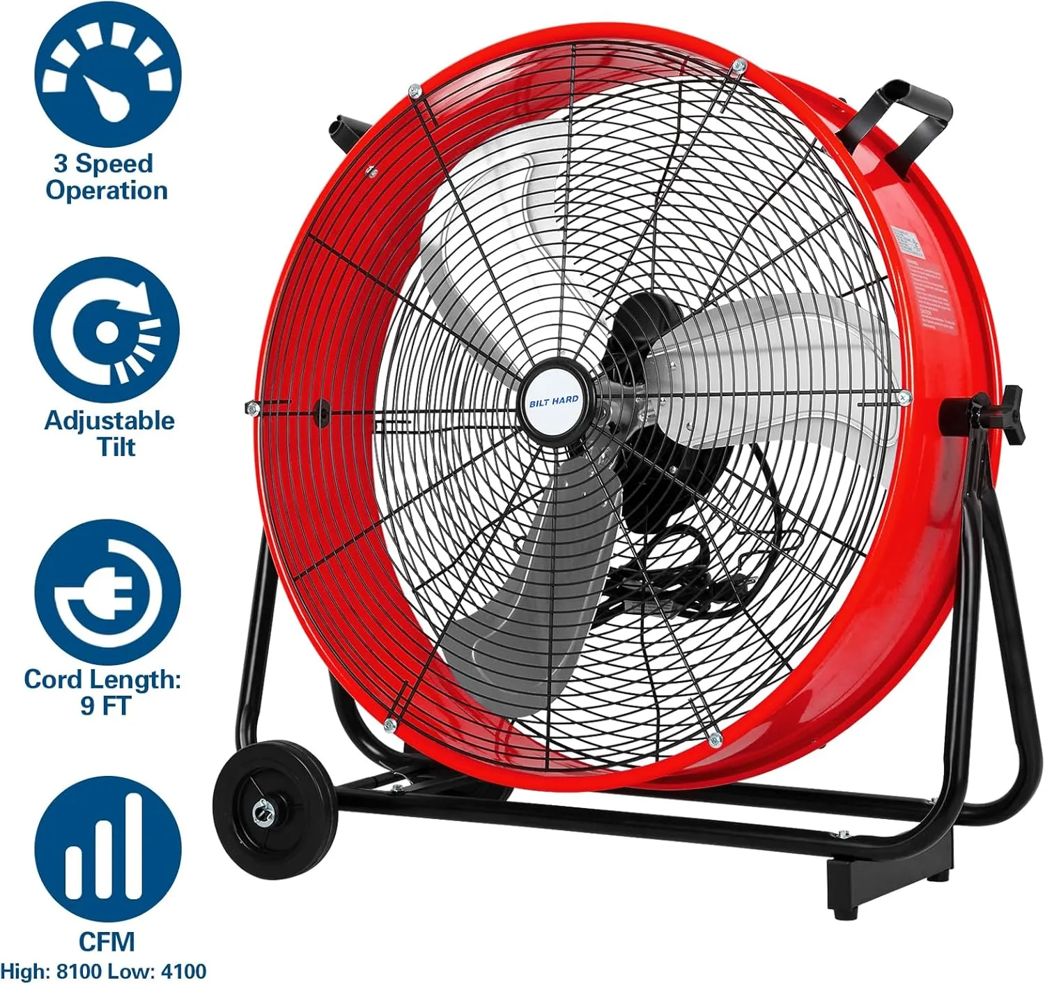 BILT HARD 24" 8100 CFM High Velocity Industrial Drum Fan, 3-Speed Heavy Duty Metal Shop Fan for Warehouse, Workshops, Garage, Factory and Basement