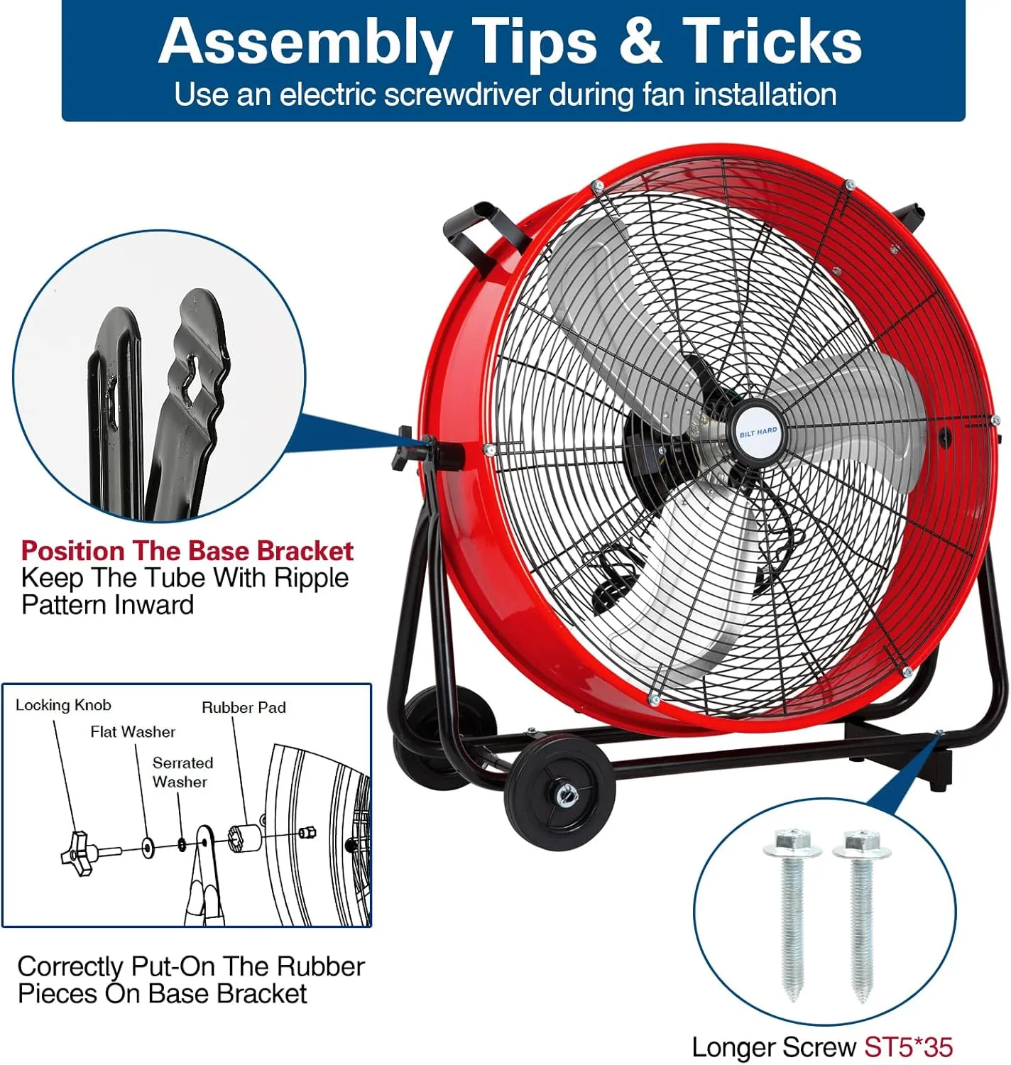 BILT HARD 24" 8100 CFM High Velocity Industrial Drum Fan, 3-Speed Heavy Duty Metal Shop Fan for Warehouse, Workshops, Garage, Factory and Basement