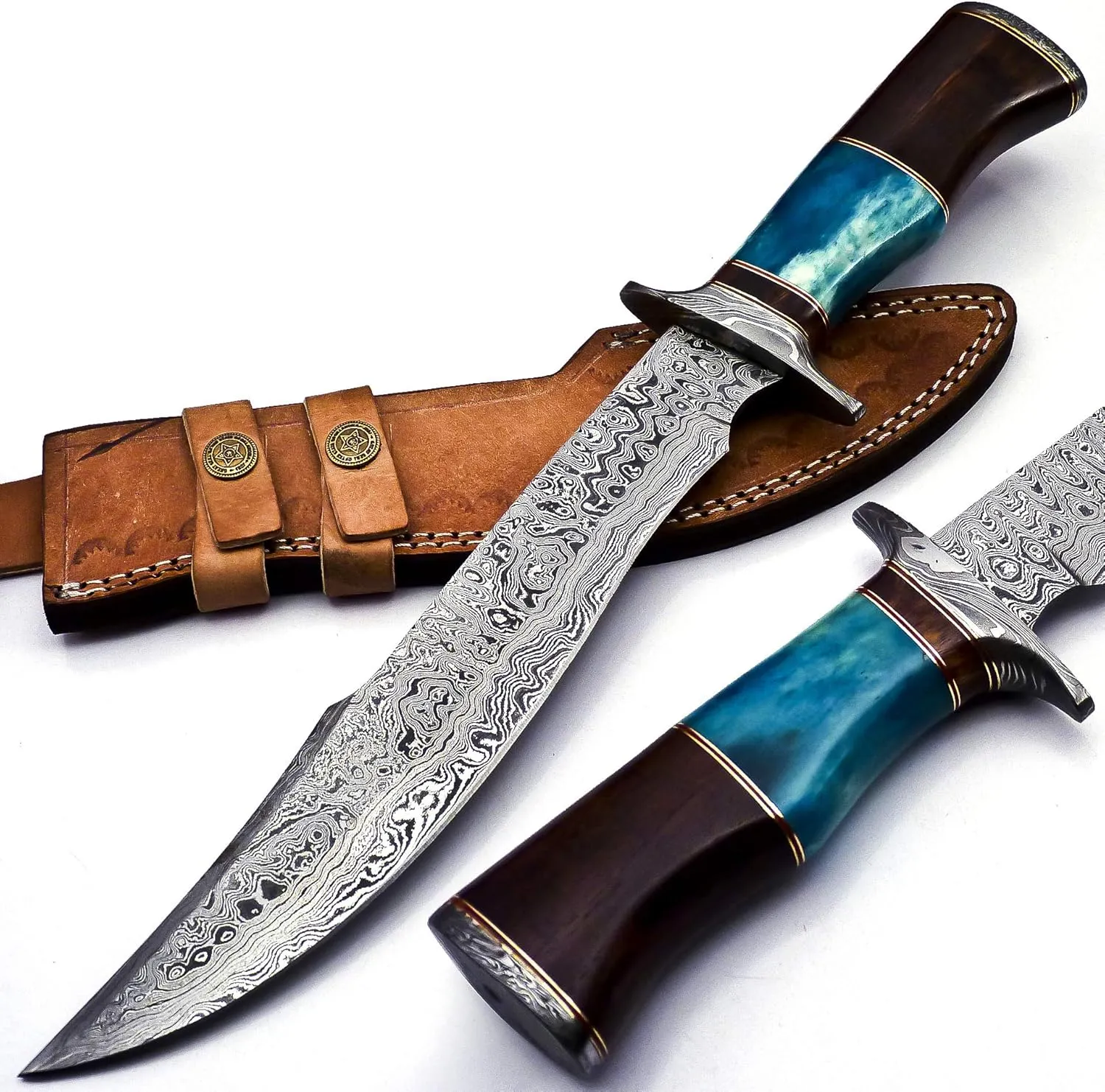 BK-41 Handmade Damascus Steel 15 Inches Bowie Knife - Solid Marindi Wood and Bull Horn Bone Handle With Leather Sheath (Case/Knife May Vary Slightly) (B/Blue)