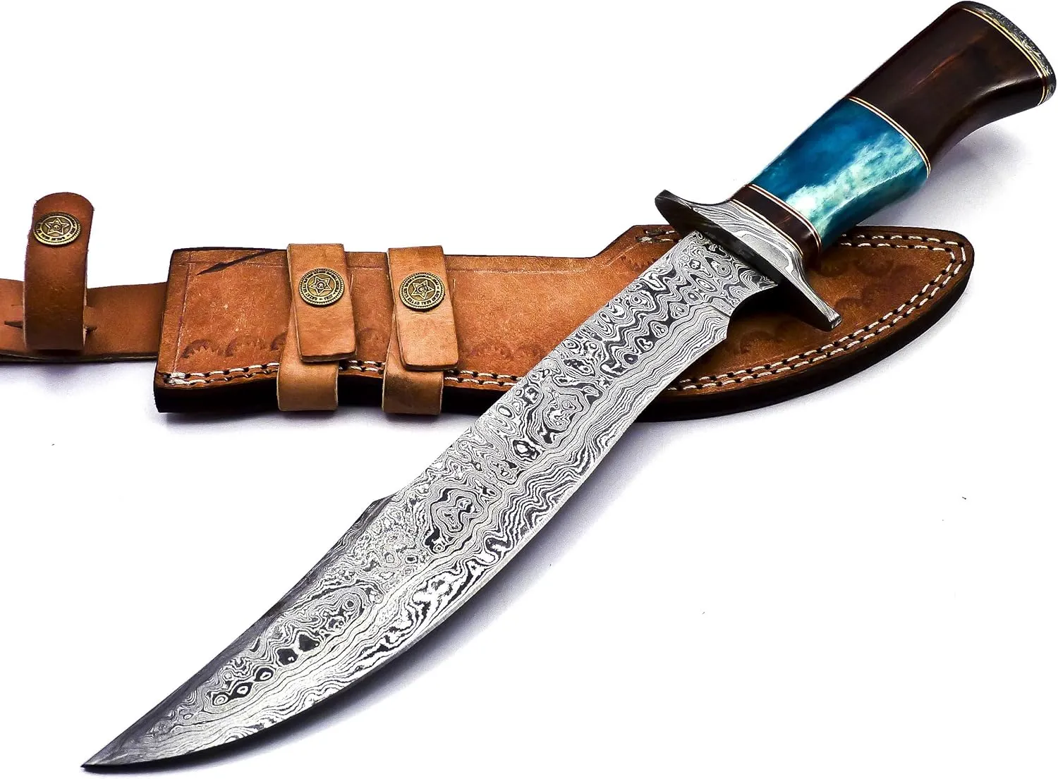 BK-41 Handmade Damascus Steel 15 Inches Bowie Knife - Solid Marindi Wood and Bull Horn Bone Handle With Leather Sheath (Case/Knife May Vary Slightly) (B/Blue)