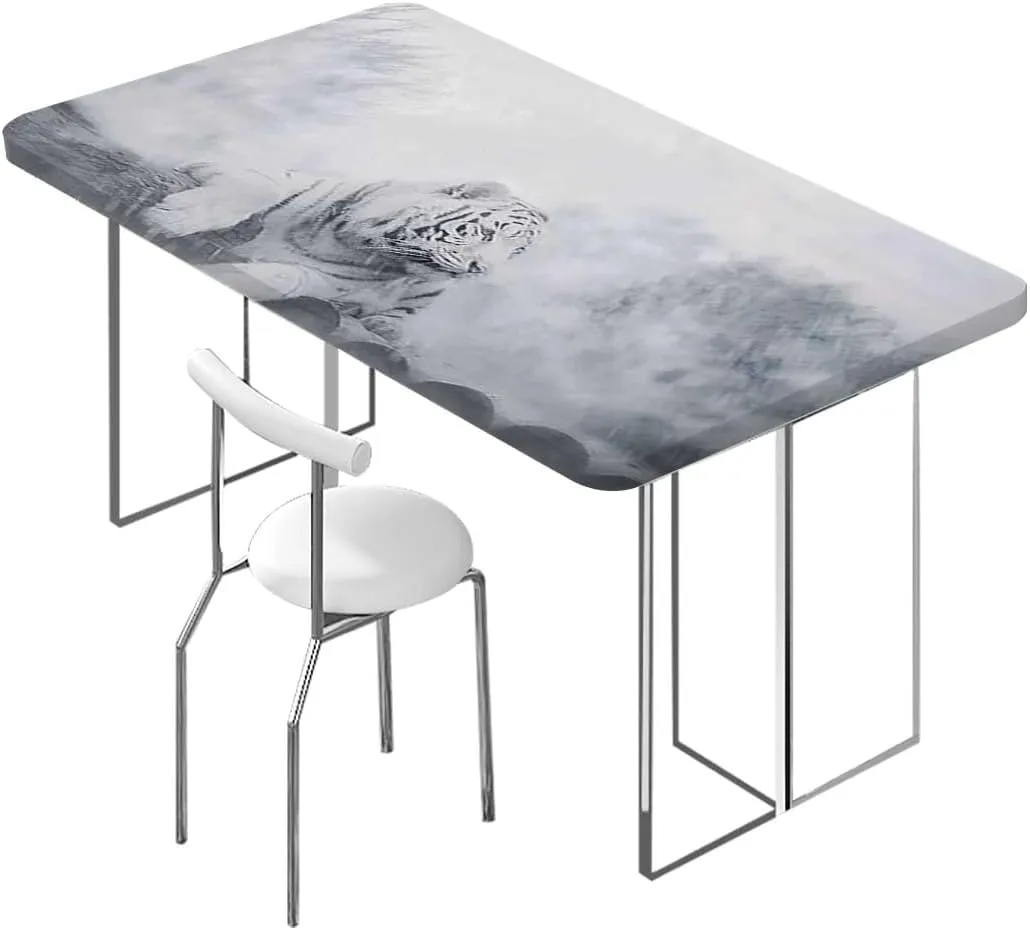 Black Grey White Elastic Edged Table Covers Tiger Nature Predator Watercolor Fitted Spandex Stretch Square Table Covers Caps Elastic Square Tablecloth Winter Nature Fits up 5 Foot Tables