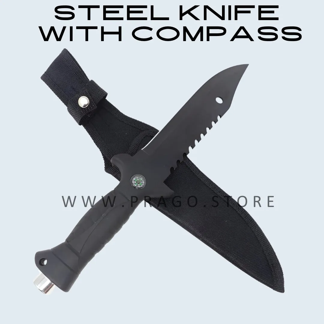 Black Stainless Steel Knife For Camping Activities With Compass