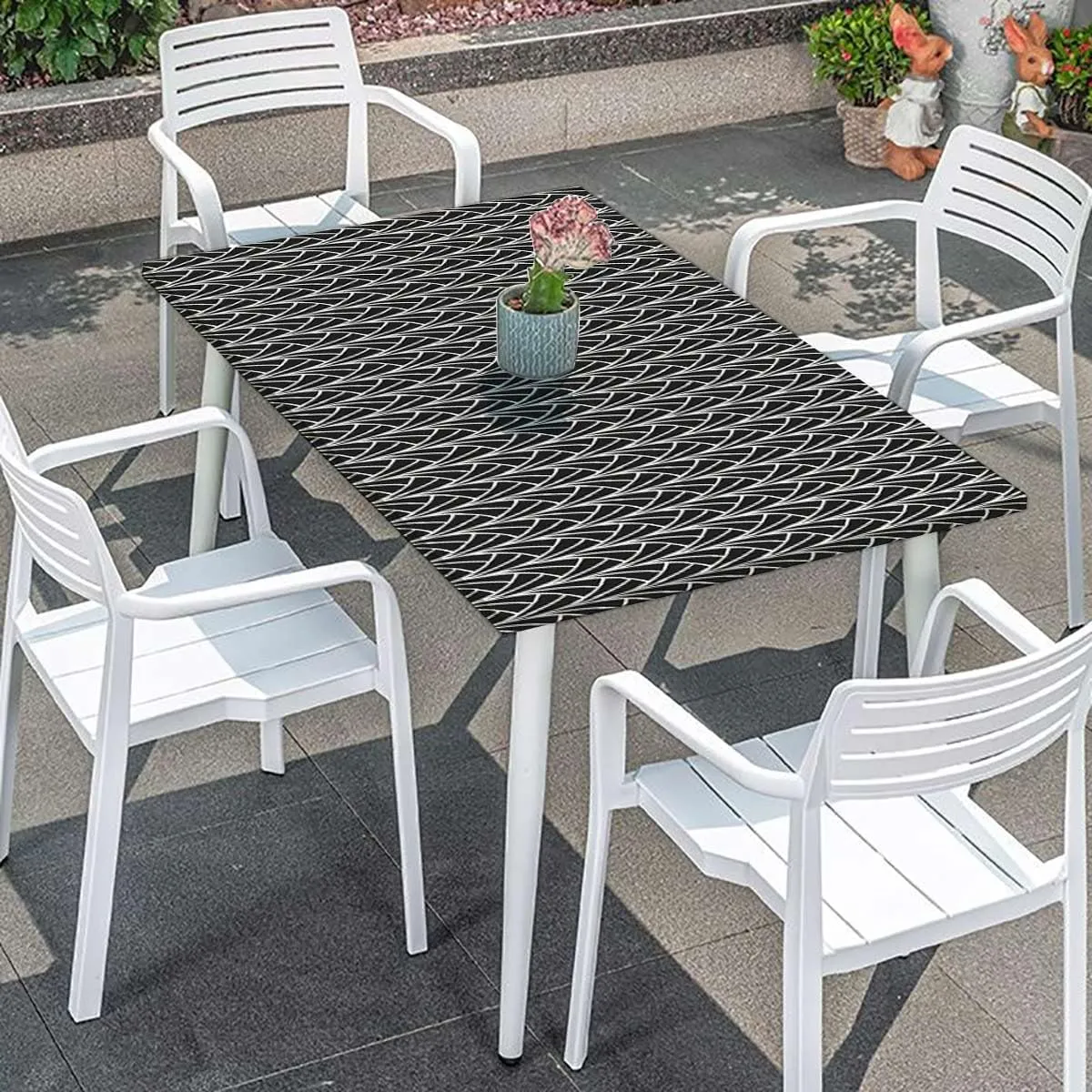 Black White Grey Rectangle Tables Decor Repetitive Modern Simple Waves Fitted Tablecloth Rectangle Table Cover - Table Cloth - Fitted Table Covers Abstract Fits up 4 Foot Tables