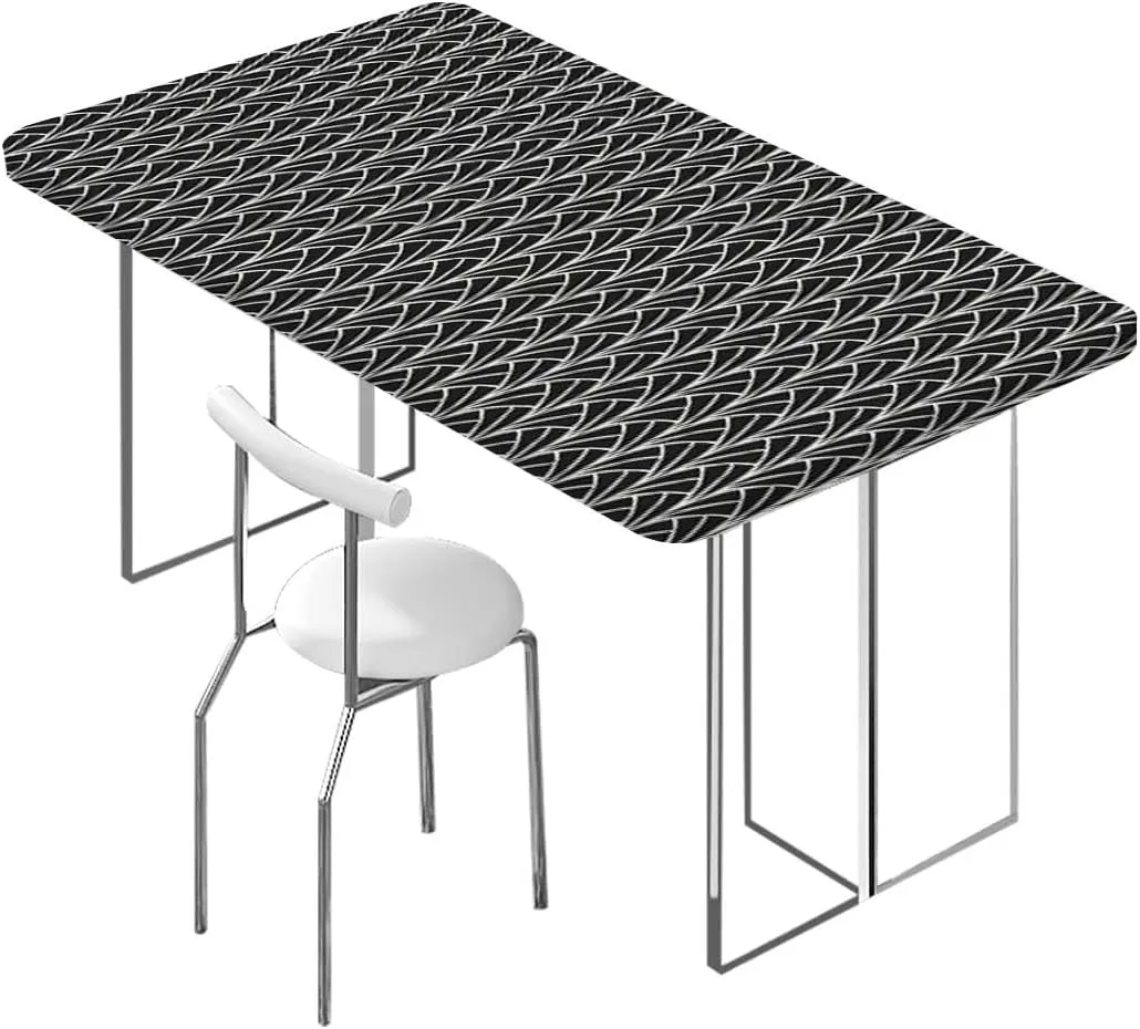 Black White Grey Rectangle Tables Decor Repetitive Modern Simple Waves Fitted Tablecloth Rectangle Table Cover - Table Cloth - Fitted Table Covers Abstract Fits up 4 Foot Tables