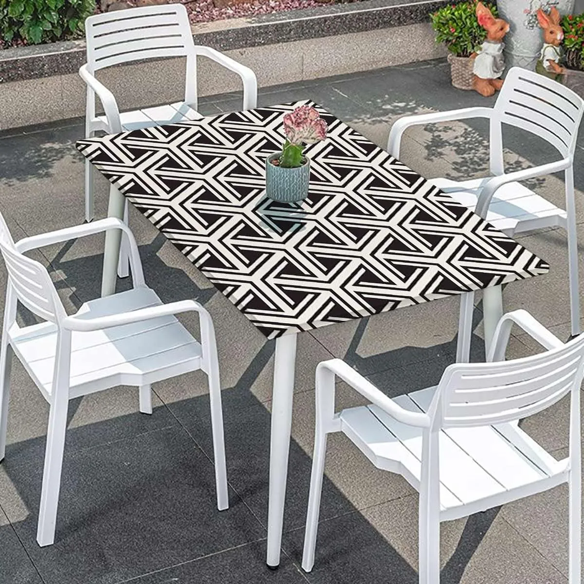 Black White Rectangle Table Cloth Cover, Geometric Inner Triangles Style Elastic Edged Picnic Table Covers ?for Camping, Dining, Outdoor, Park, Patio Abstract Fits up 5 Foot Tables