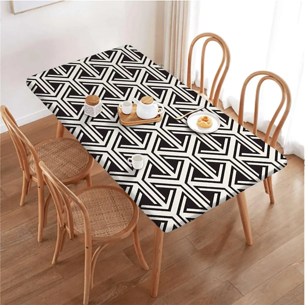 Black White Rectangle Table Cloth Cover, Geometric Inner Triangles Style Elastic Edged Picnic Table Covers ?for Camping, Dining, Outdoor, Park, Patio Abstract Fits up 5 Foot Tables