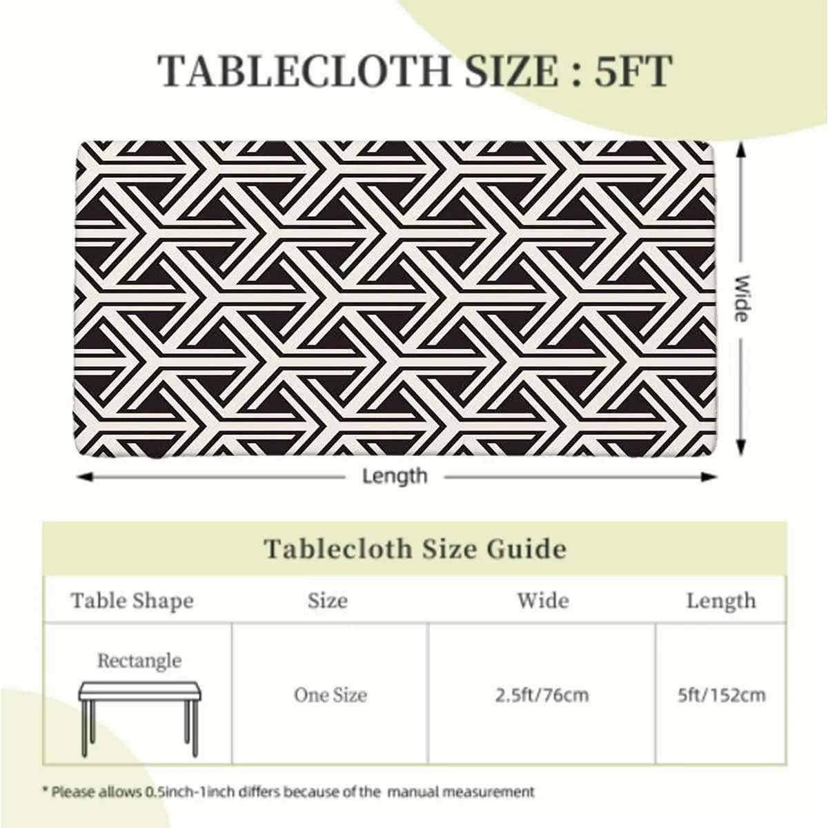 Black White Rectangle Table Cloth Cover, Geometric Inner Triangles Style Elastic Edged Picnic Table Covers ?for Camping, Dining, Outdoor, Park, Patio Abstract Fits up 5 Foot Tables