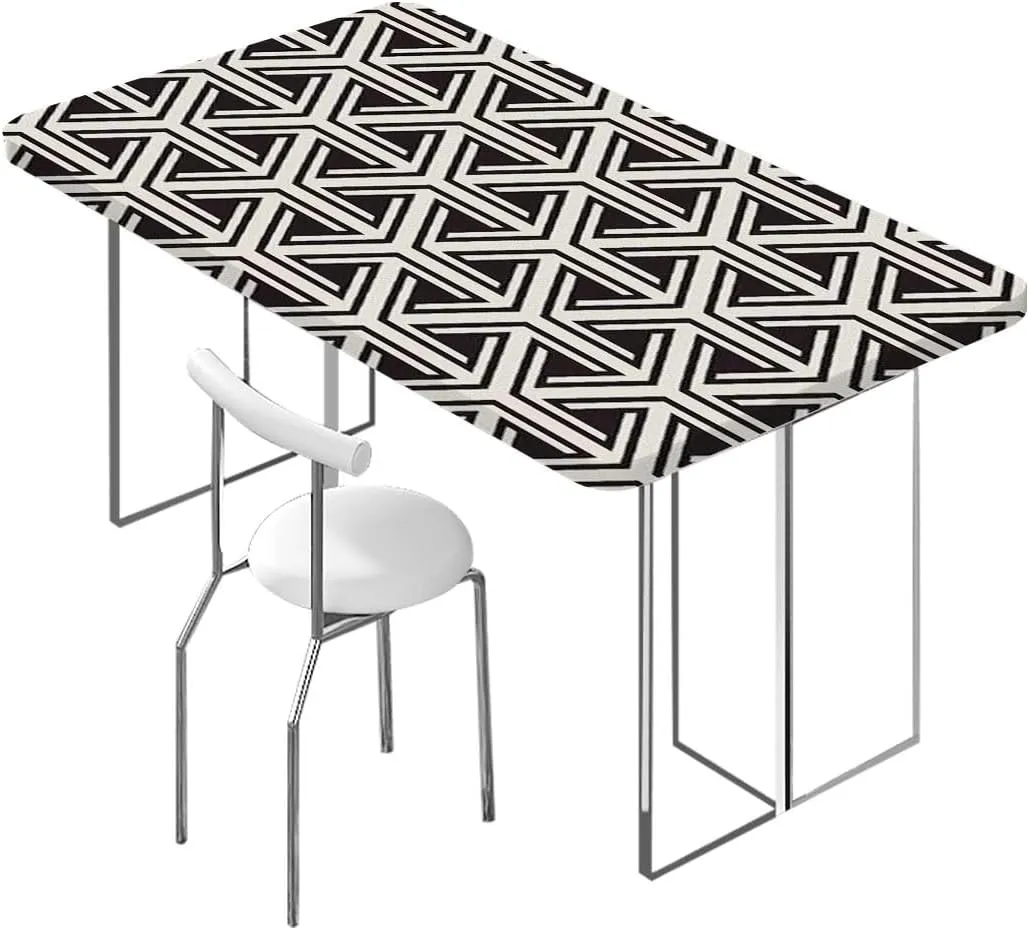 Black White Rectangle Table Cloth Cover, Geometric Inner Triangles Style Elastic Edged Picnic Table Covers ?for Camping, Dining, Outdoor, Park, Patio Abstract Fits up 5 Foot Tables