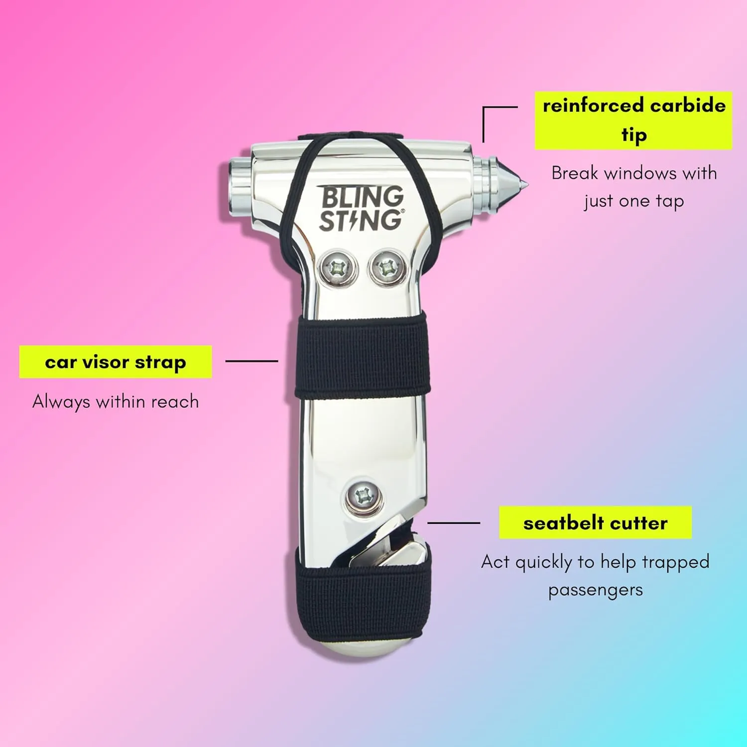 BLINGSTING Safety Hammer - Emergency Automotive Escape Tool with Window Breaker, Seat Belt Cutter & Adjustable Car Visor Strap - Tempered Glass Breaker - Steel Blade - Silver (1 Count)