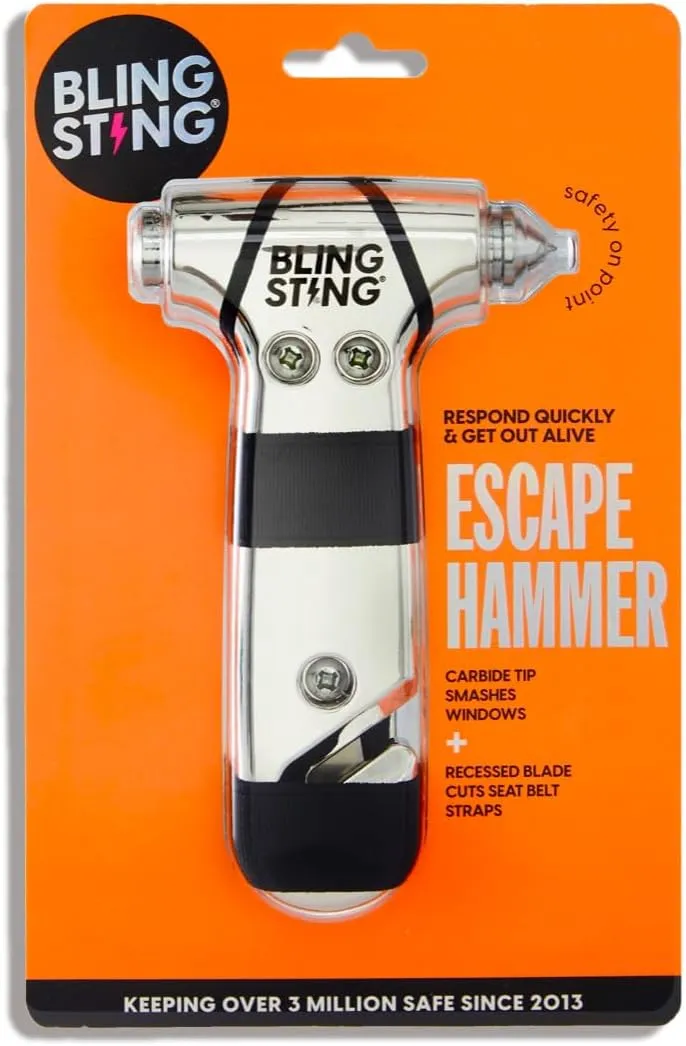 BLINGSTING Safety Hammer - Emergency Automotive Escape Tool with Window Breaker, Seat Belt Cutter & Adjustable Car Visor Strap - Tempered Glass Breaker - Steel Blade - Silver (1 Count)