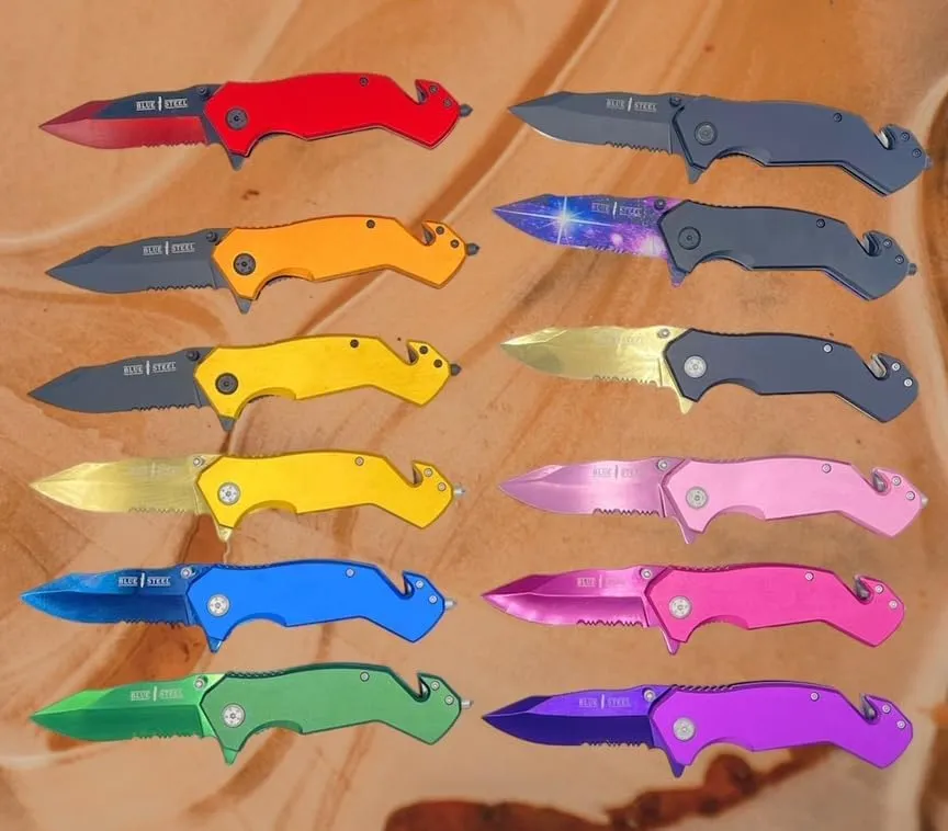 Blue Steel Personalized Laser Engraved Pocket Knife, Multi-Function Safety Knife, Emergency Escape Tool with Window Breaker Seatbelt Cutter, Emergency Color- Purple