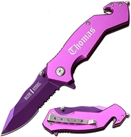 Blue Steel Personalized Laser Engraved Pocket Knife, Multi-Function Safety Knife, Emergency Escape Tool with Window Breaker Seatbelt Cutter, Emergency Color- Purple
