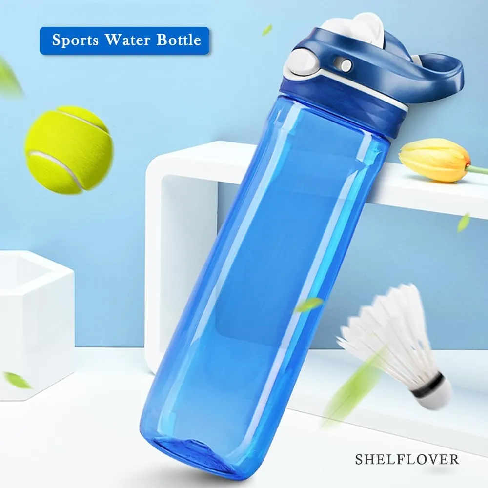 Blue Water Bottle No Straw, BPA FREE TRITAN, Lock Button Has Handle Clear Bottles, Wide Mouth Easy Clean for Women Office Travel Yoga, 24oz (750ml)