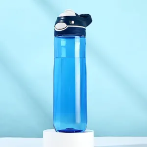Blue Water Bottle No Straw, BPA FREE TRITAN, Lock Button Has Handle Clear Bottles, Wide Mouth Easy Clean for Women Office Travel Yoga, 24oz (750ml)