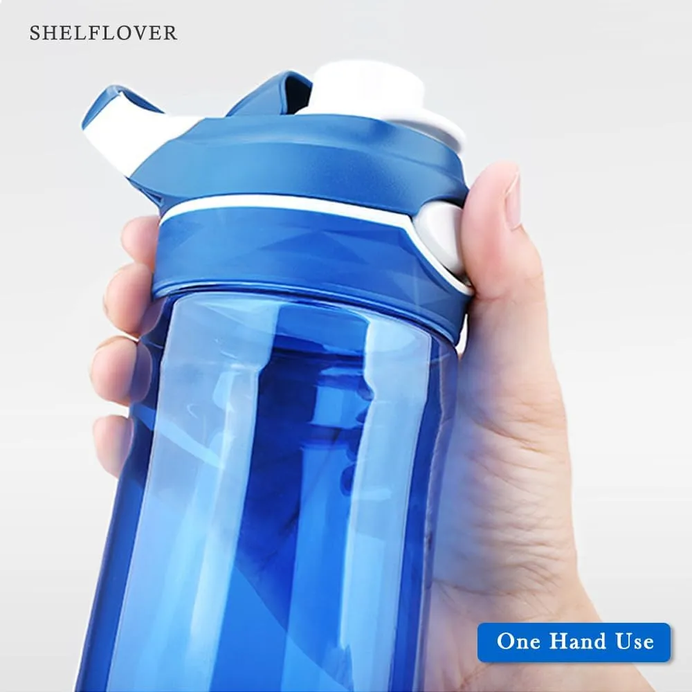 Blue Water Bottle No Straw, BPA FREE TRITAN, Lock Button Has Handle Clear Bottles, Wide Mouth Easy Clean for Women Office Travel Yoga, 24oz (750ml)