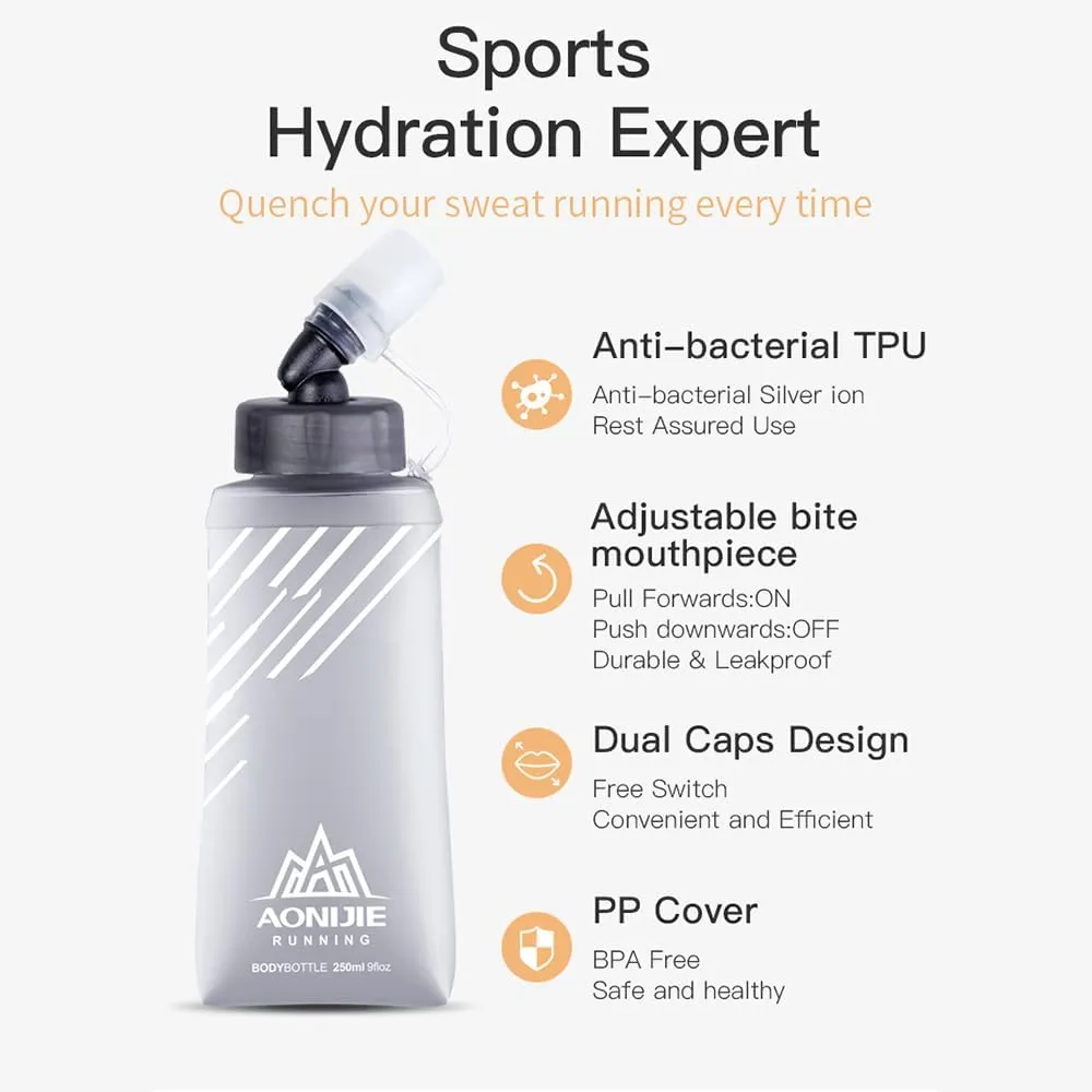 BlueField Five types of sports water bottle Soft Flasks TPU Collapsible Foldable Water Bottles for Hydration Pack Running Hiking Cycling Climbing (B#250ml Flask)