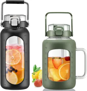 BLUEGO 64oz and 64oz Glass Water Bottles Bundle(64 Black   64 Olive) with Straw and Lids Handle Large Water Bottle with Sleeve, Half Gallon Water Jug, Glass Water Container, BPA Free