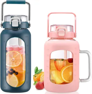BLUEGO 64oz and 64oz Glass Water Bottles Bundle(64 Navy   64 Pink) with Straw and Lids Handle Large Water Bottle with Sleeve, Half Gallon Water Jug, Glass Water Container, BPA Free