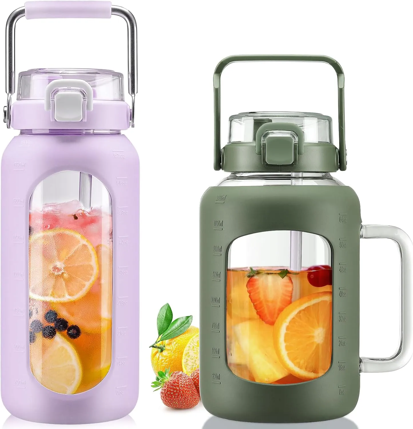 BLUEGO 64oz and 64oz Glass Water Bottles Bundle(64 Purple   64 Olive) with Straw and Lids Handle Large Water Bottle with Sleeve, Half Gallon Water Jug, Glass Water Container, BPA Free