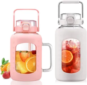 BLUEGO 64oz and 84oz Glass Water Bottles Bundle(64 Pink   84 White) with Straw and Lids Handle Large Water Tumbler with Sleeve, Glass Water Container, 2 Liter Water Jug Glass, BPA Free