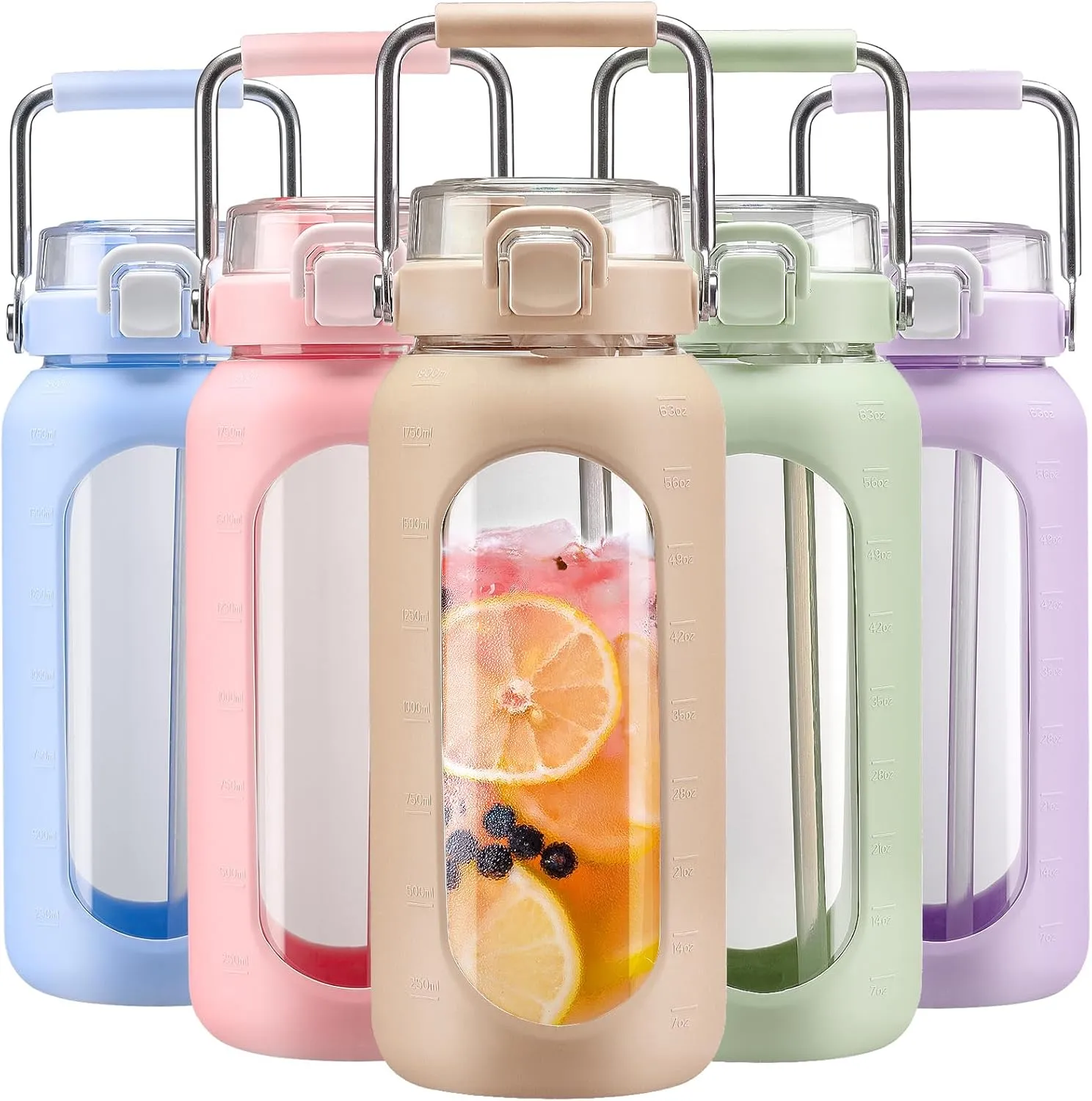 BLUEGO 64oz Water Bottle Glass with Stainless Steel Handle Large Water Bottle with Time Markers and Silicone Sleeve Half Gallon Water Jug BPA Free for Gym Daily Use, Amber