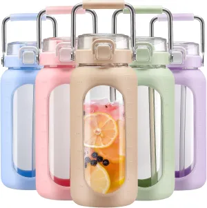 BLUEGO 64oz Water Bottle Glass with Stainless Steel Handle Large Water Bottle with Time Markers and Silicone Sleeve Half Gallon Water Jug BPA Free for Gym Daily Use, Amber
