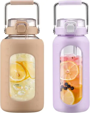 BLUEGO 84oz and 64oz Glass Water Bottles Bundle(84 Amber   64 Purple) with Straw and Stainless Steel Handle, Large Water Bottle with Sleeve, Half Gallon Water Jug, Glass Water Container, BPA Free