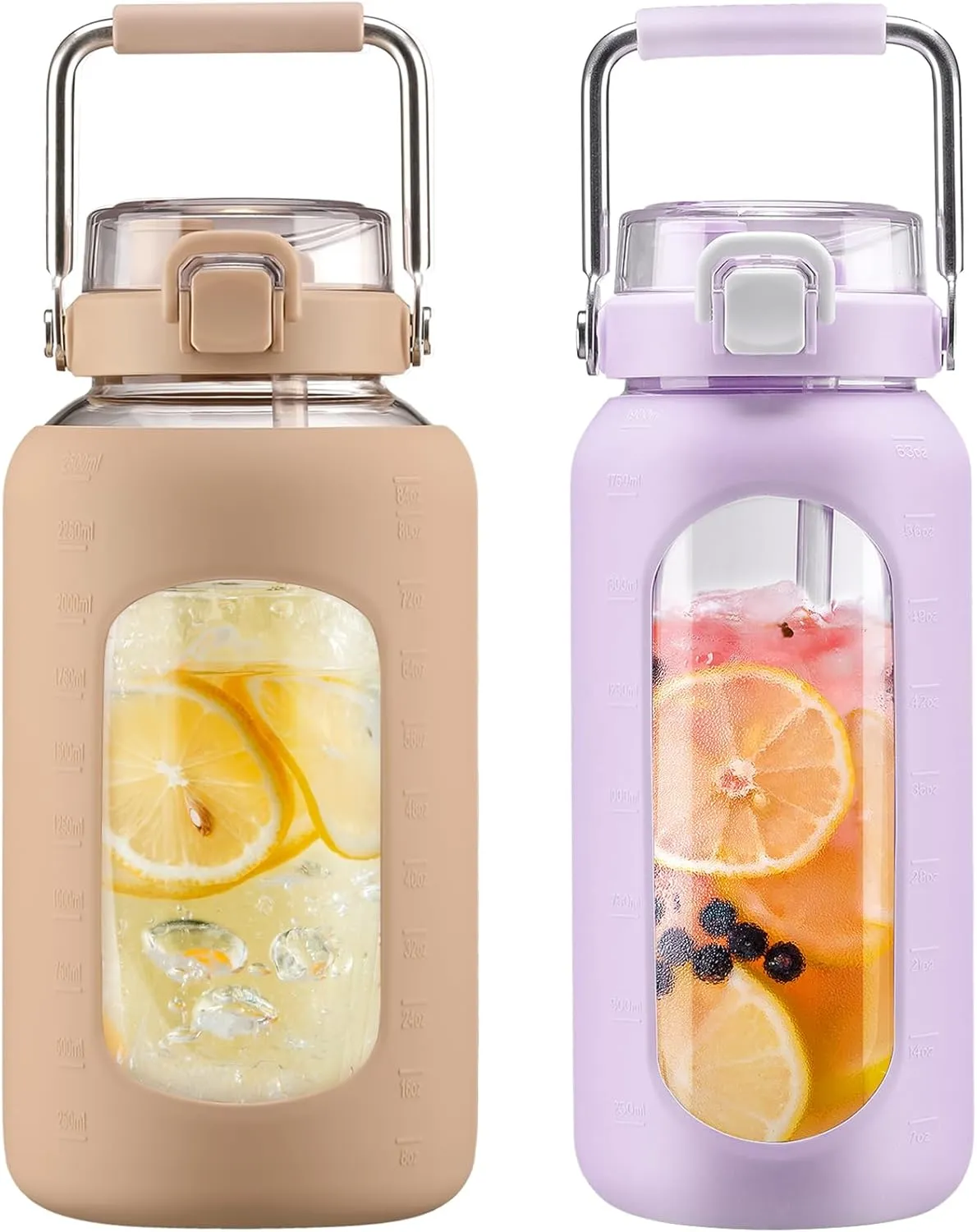 BLUEGO 84oz and 64oz Glass Water Bottles Bundle(84 Amber   64 Purple) with Straw and Stainless Steel Handle, Large Water Bottle with Sleeve, Half Gallon Water Jug, Glass Water Container, BPA Free