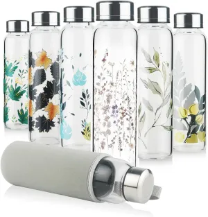 Borosilicate Glass Water Bottle, Sports Glass Drinking Bottle with Neoprene Sleeve and Stainless Steel Lid 16oz / 32oz
