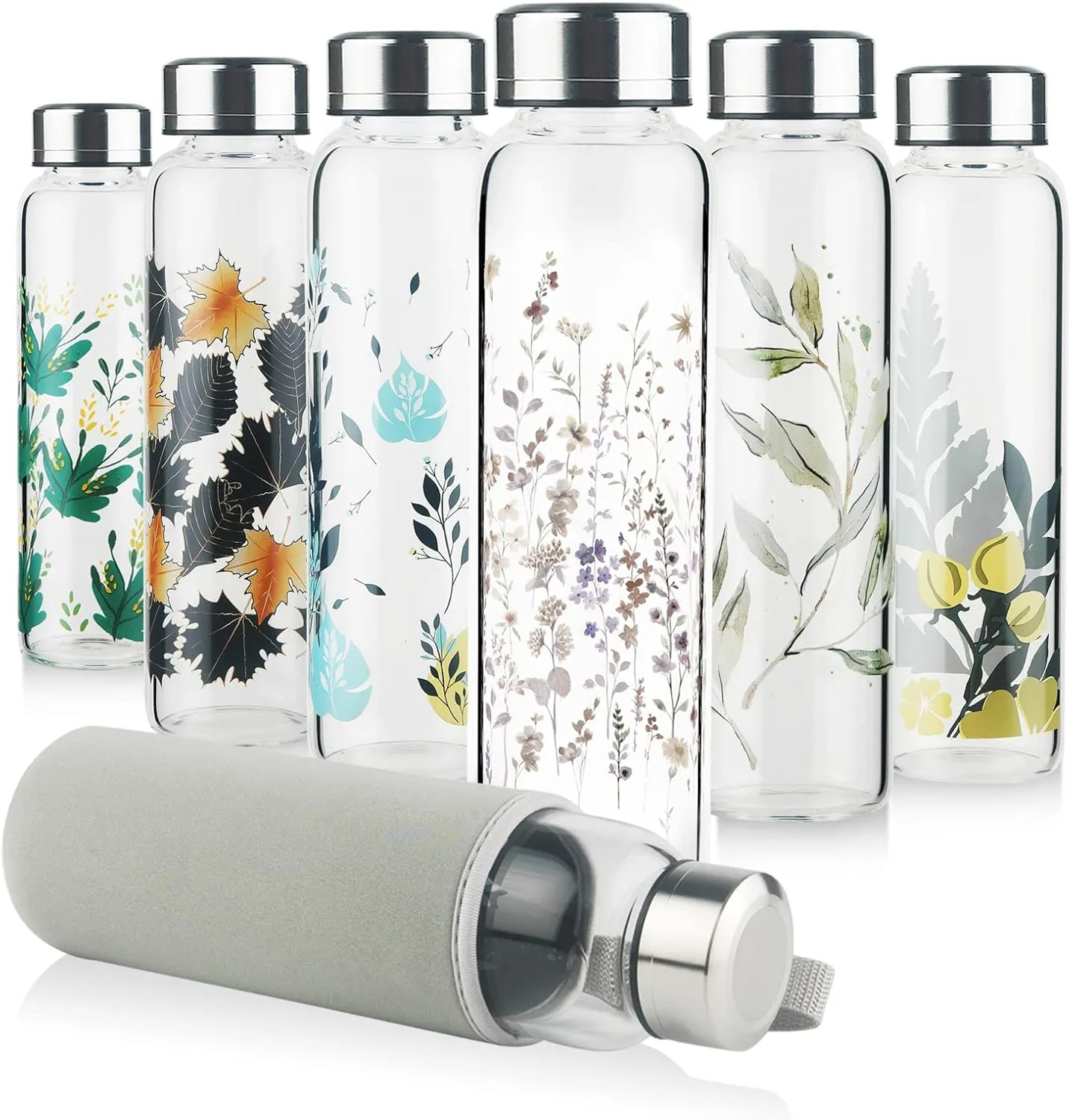 Borosilicate Glass Water Bottle, Sports Glass Drinking Bottle with Neoprene Sleeve and Stainless Steel Lid 16oz / 32oz