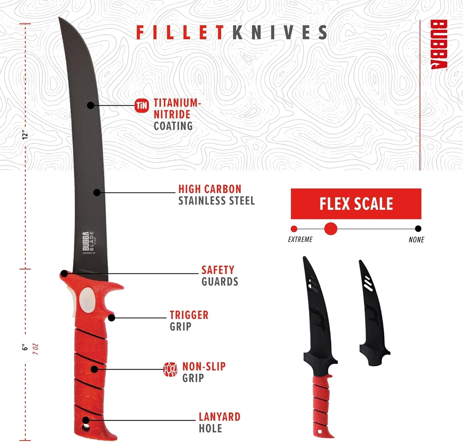 BUBBA 12 Inch Flex Curved Fillet Knife with Non-Slip Grip Handle, Full Tang Stainless Steel Non-Stick Titanium Blade, Lanyard Hole and Synthetic Sheath for Fishing
