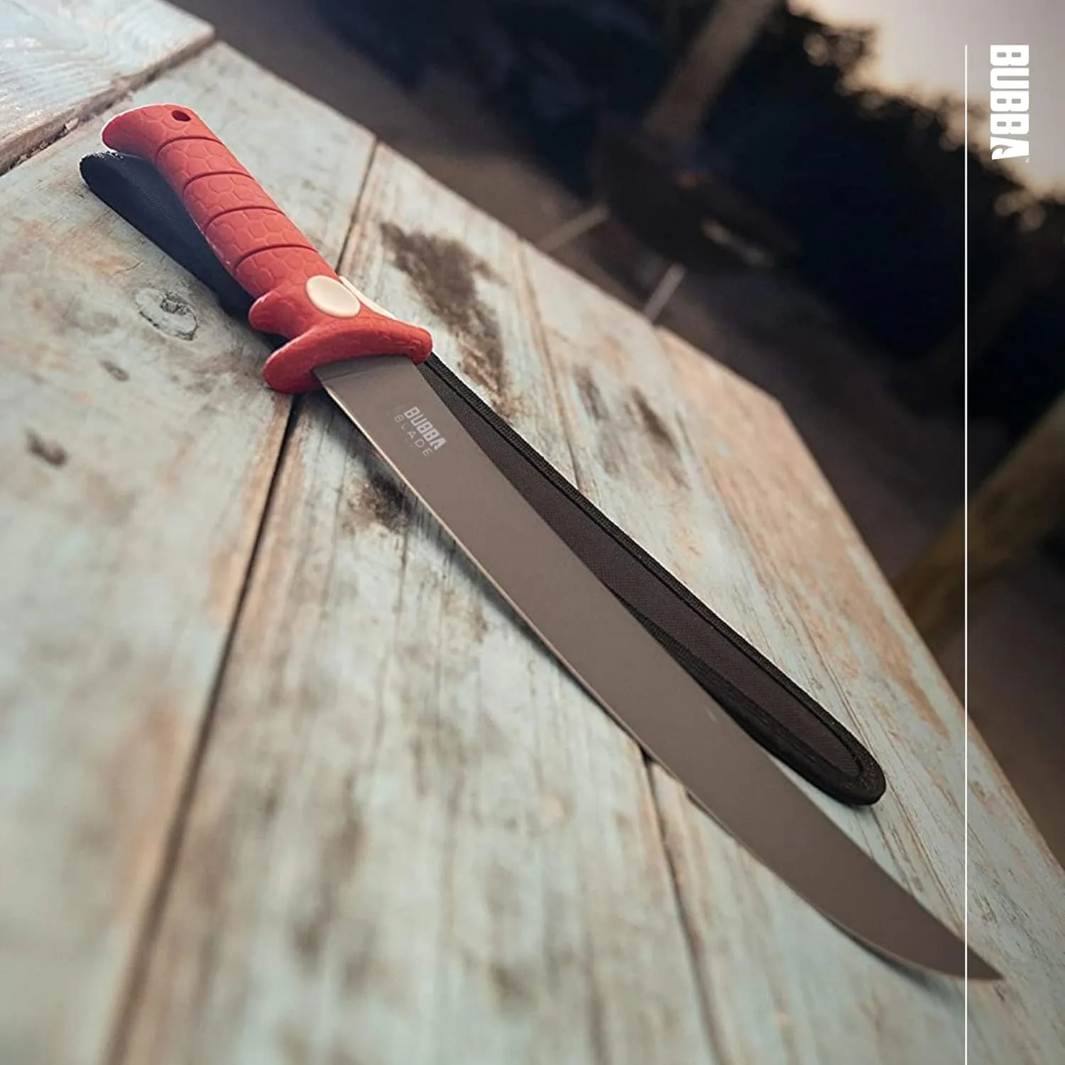 BUBBA 12 Inch Flex Curved Fillet Knife with Non-Slip Grip Handle, Full Tang Stainless Steel Non-Stick Titanium Blade, Lanyard Hole and Synthetic Sheath for Fishing