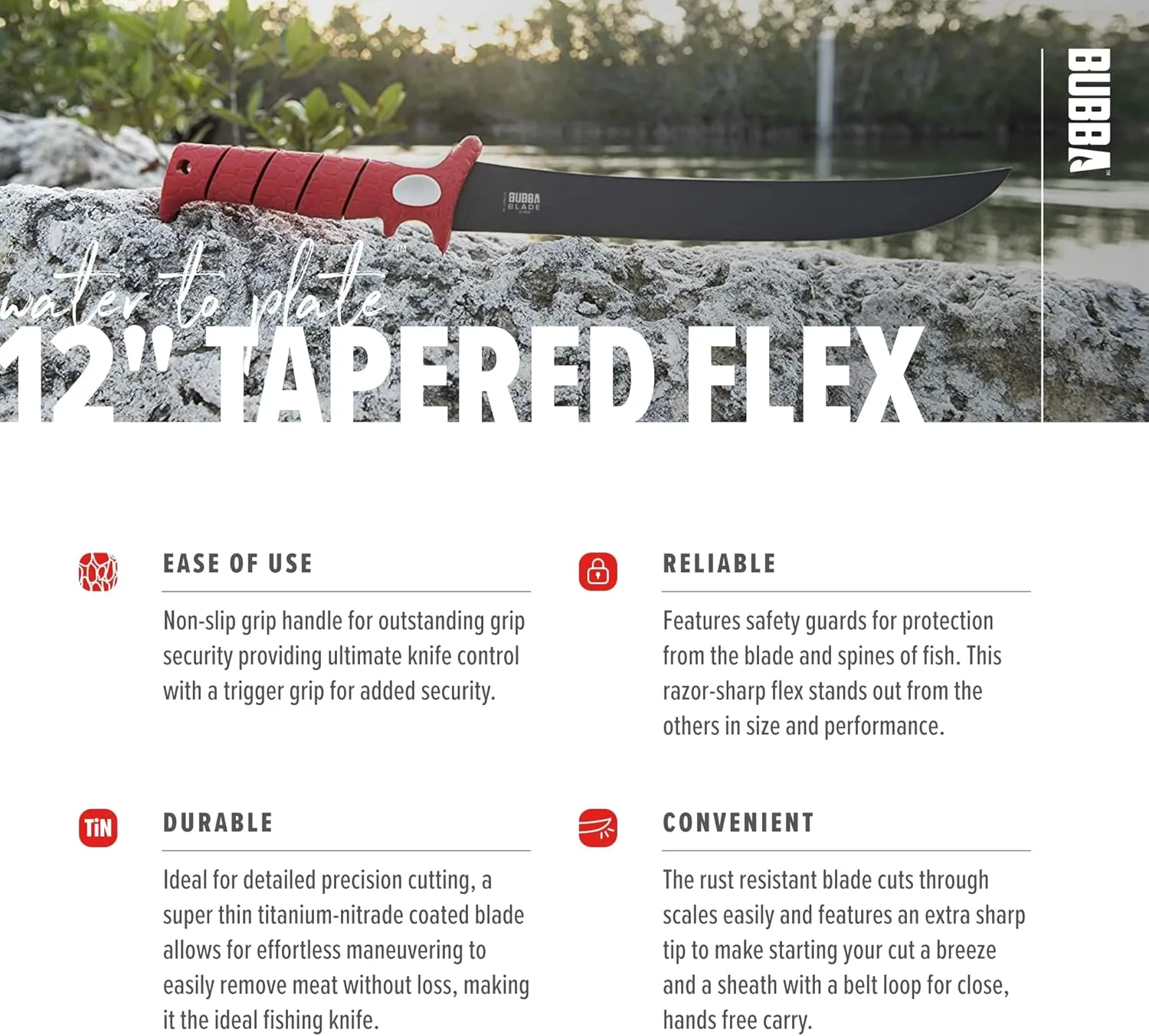 BUBBA 12 Inch Flex Curved Fillet Knife with Non-Slip Grip Handle, Full Tang Stainless Steel Non-Stick Titanium Blade, Lanyard Hole and Synthetic Sheath for Fishing